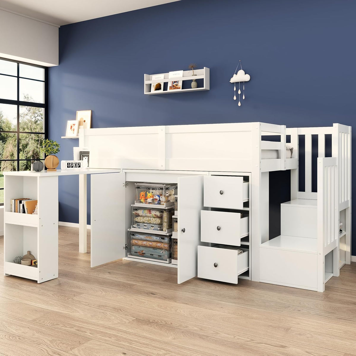 Cama, Merax, Kinderbett, 90 × 200 cm, 250 × 95 × 111cm, com gavetas, sem colchão, painel de madeira, Branco, para o quarto