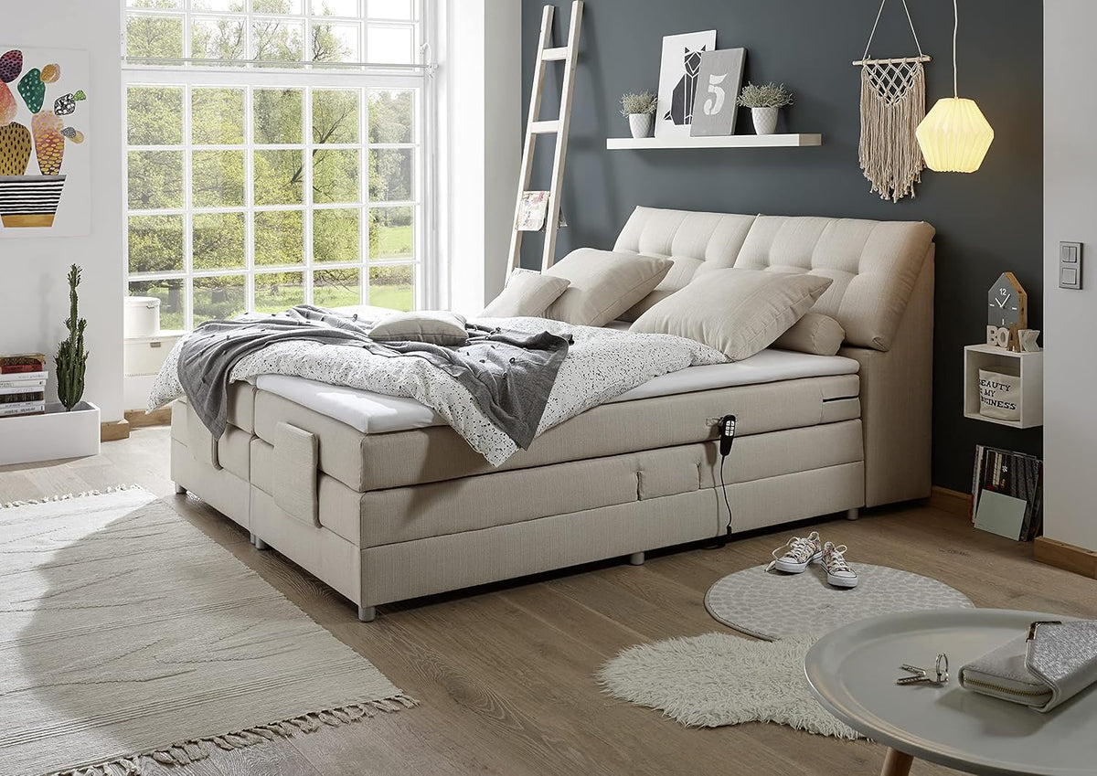 Cama box spring, Stella Trading, 234 cm, 180 × 110 × 234 cm, dobrável, regulável, com comando à distância, Creme, para o quarto