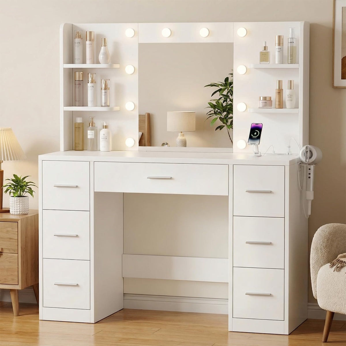 Toucador, JUMMICO, Gro, 108 × 40cm, 52 × 41cm, regulável, com iluminação LED, com gavetas, painel de madeira, Branco, para o quarto