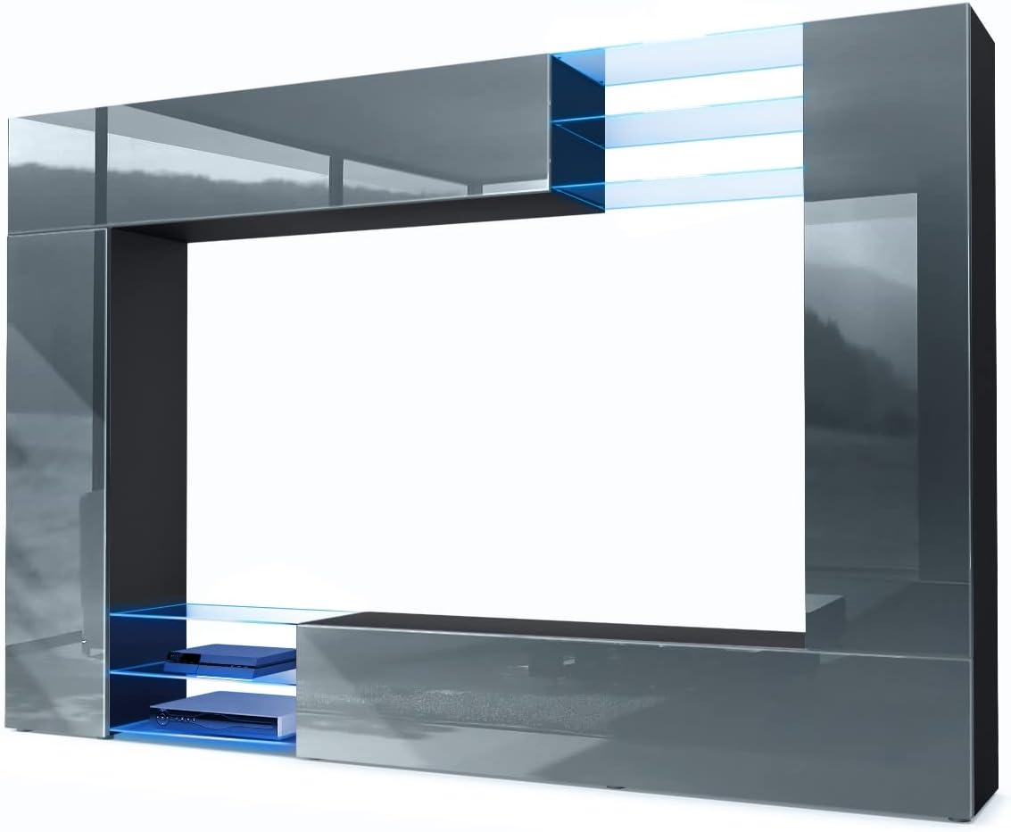 Conjunto de sala, Vladon, Wohnwand, 39 cm, 262 × 183 × 39 cm, com iluminação LED, madeira, painel de madeira, Preto / Cinzento / Azul, para a sala