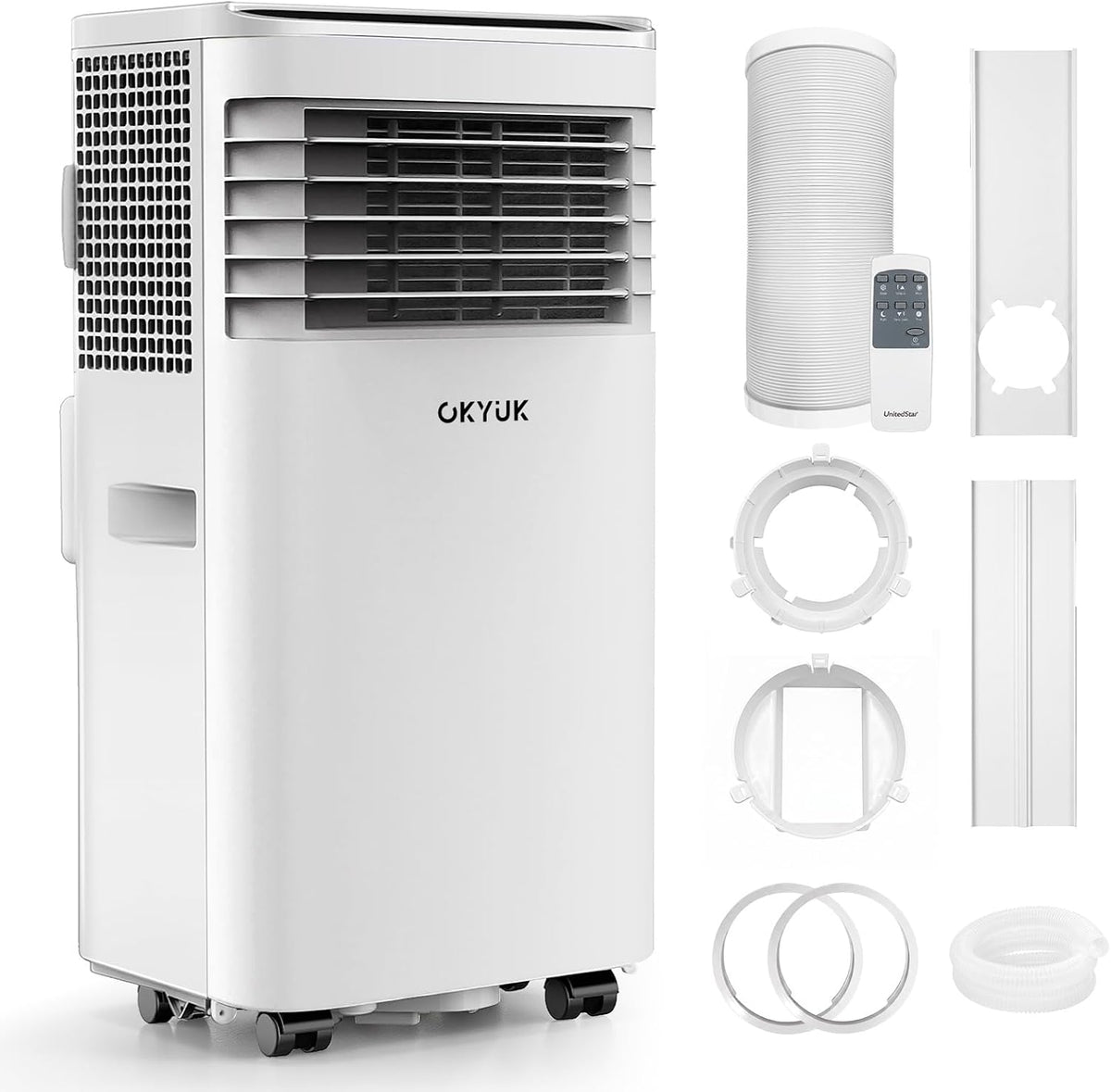 Ar condicionado portátil, OKYUK, classe energética A, com comando à distância, com temporizador, com rodas, Branco, para uso diário