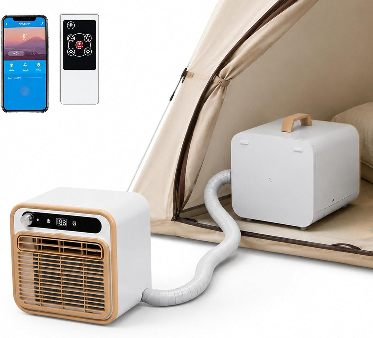 Ar condicionado portátil, agreilduite, 3500 W, com comando à distância, com temporizador, com controlo por aplicação, Branco / Bege, para uso diário