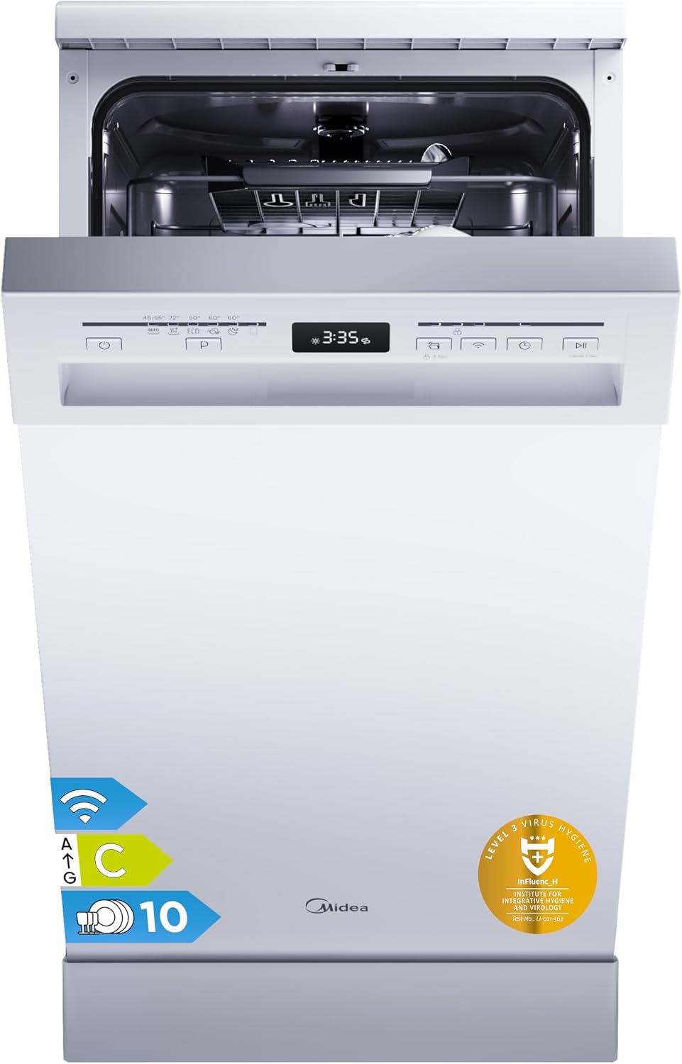 Máquina de lavar loiça, Midea, 5.45NW10C, 45cm, 7 programas, com controlo por aplicação, plástico, Branco, para uso diário