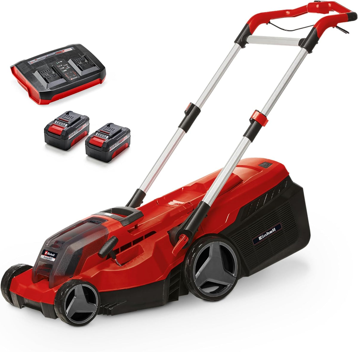Einhell, Corta-relva, Akku-Rasenm, 36 V, 38 cm, 45L, 4,0 Ah, dobrável, altura regulável, regulável, Vermelho / Preto, para utilização no exterior