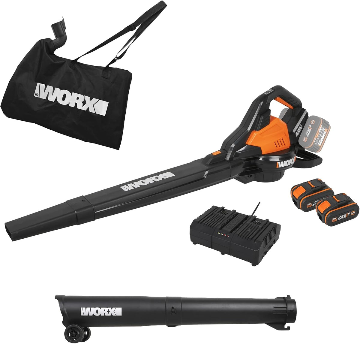 Soprador de folhas, WORX, WG583E, 40V, 335 km/h, 20V, 80V, com rodas, com bateria, com carregador, Preto / Laranja, para utilização no exterior