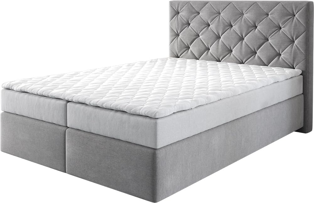 Cama box spring, DELIFE, Boxspringbett, 140 × 200 cm, 56 cm, 3 cm, com colchão, alumínio, poliéster, Cinzento / Branco, para o quarto