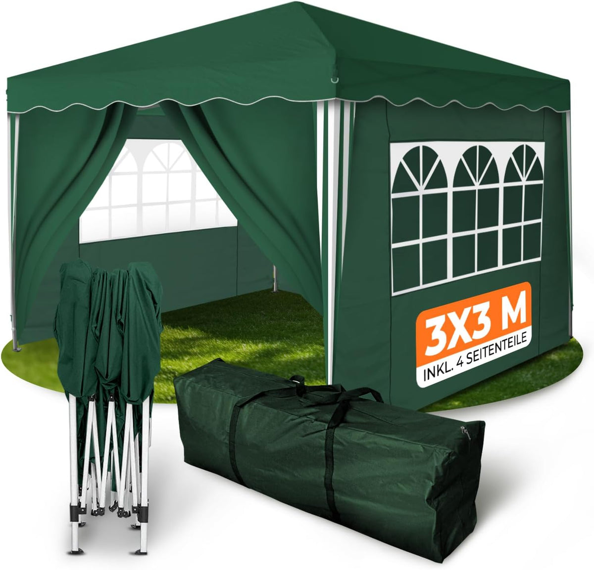 Gazebo de jardim, Kronenburg, Faltpavillon, 3 × 3 m, 24 cm, 17 kg, 119 × 24 × 24 cm, resistente à água, aço, poliéster, Verde