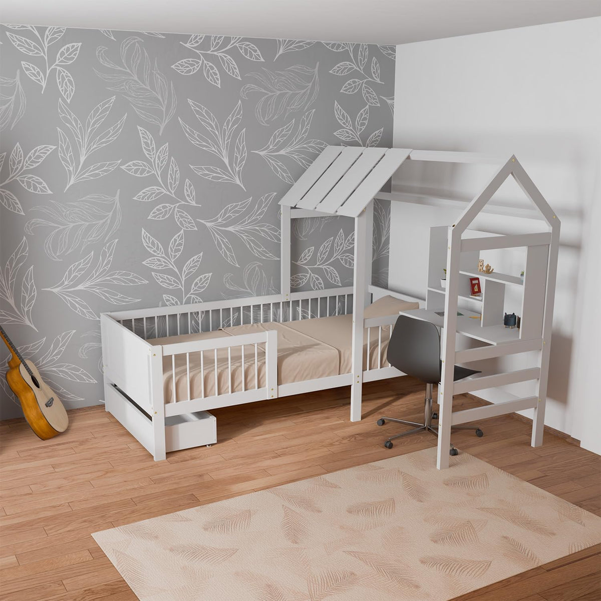 Cama, Juskys, Kinderbett, 90 × 200 cm, com rodas, madeira, Branco, para o quarto
