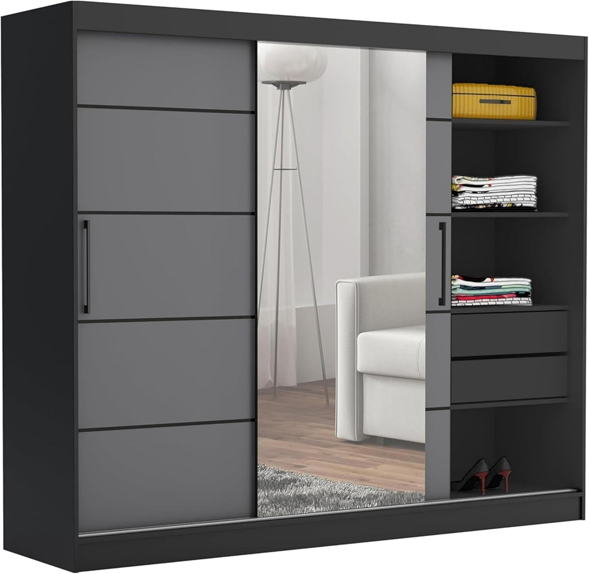 Roupeiro, Brent, 235cm, com gavetas, com prateleiras, com portas, alumínio, painel de madeira, Preto / Cinzento, para o quarto