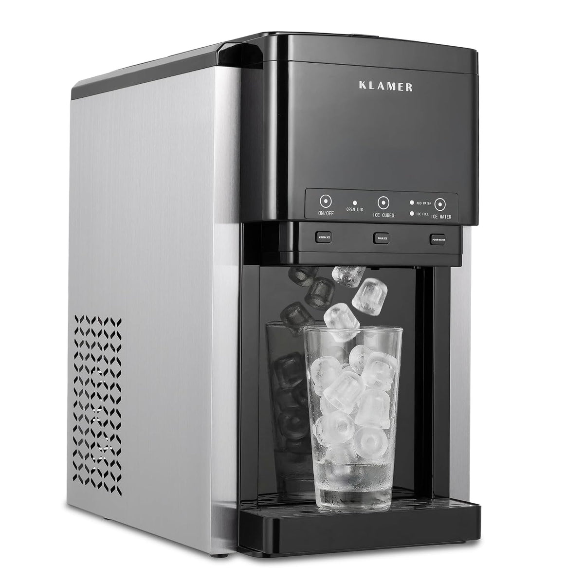 Máquina de cubos de gelo, KLAMER, 3-in-1, 20 kg, 2,1 L, 200W, 1,5 kg, com função de autolimpeza, aço inoxidável, aço, Preto / Prateado