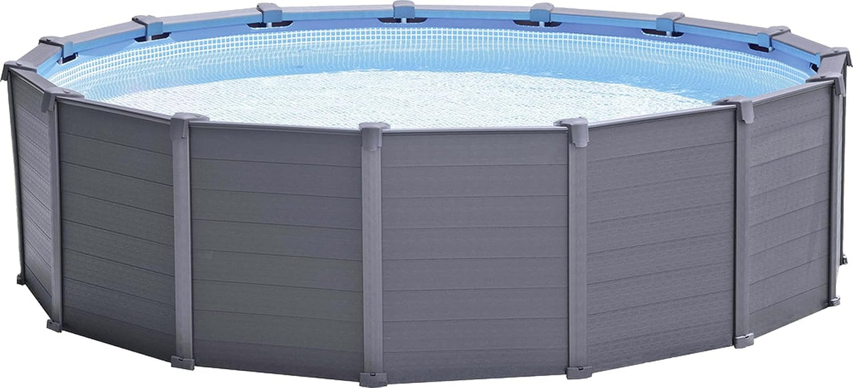 Piscina com estrutura metálica, Intex, Schwimmbad, 124 cm, 478 × 124 cm, 16.805 l, 3.700 l/h, madeira, plástico, Cinzento / Azul