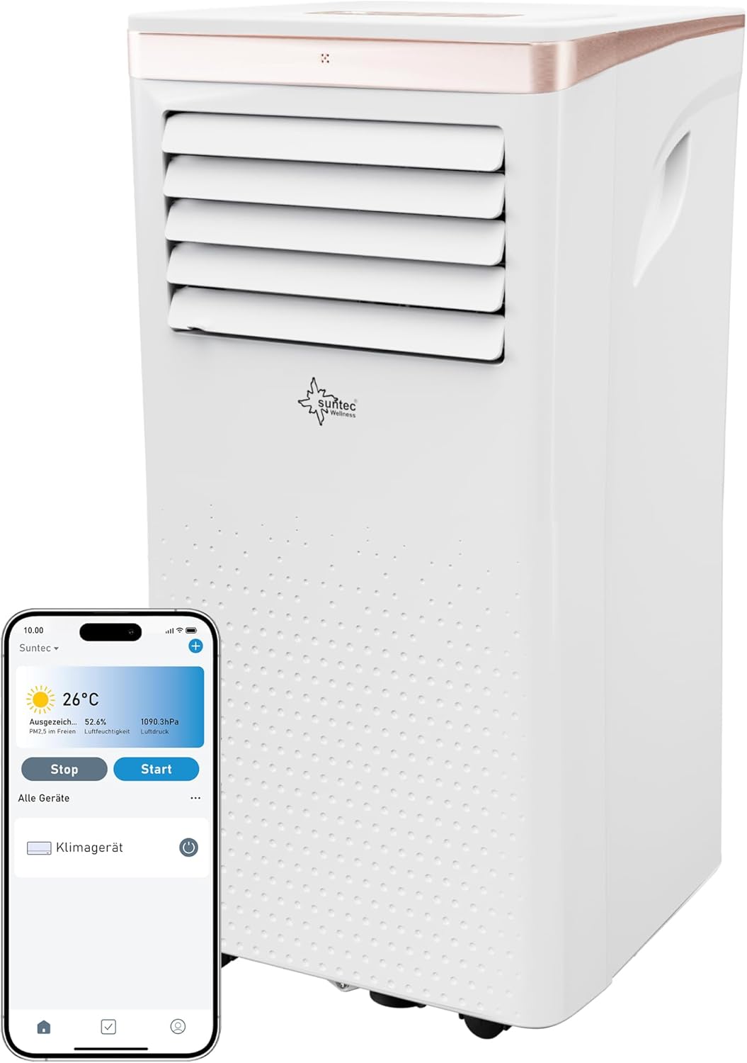Ar condicionado portátil, Suntec Wellness, com comando à distância, com temporizador, com controlo por aplicação, Branco / Rosé, para uso diário
