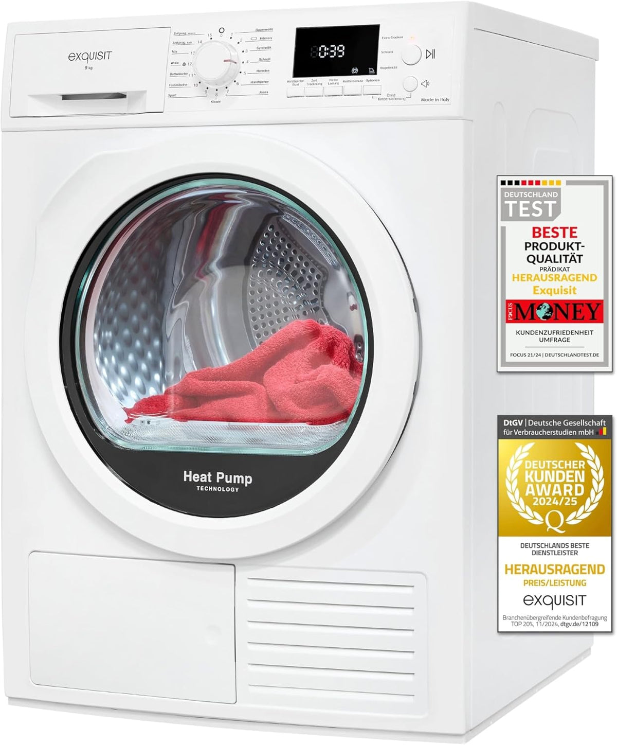 Máquina de secar roupa, Exquisit, TWP903-410, 9kg, classe energética D, algodão, Branco, para uso diário