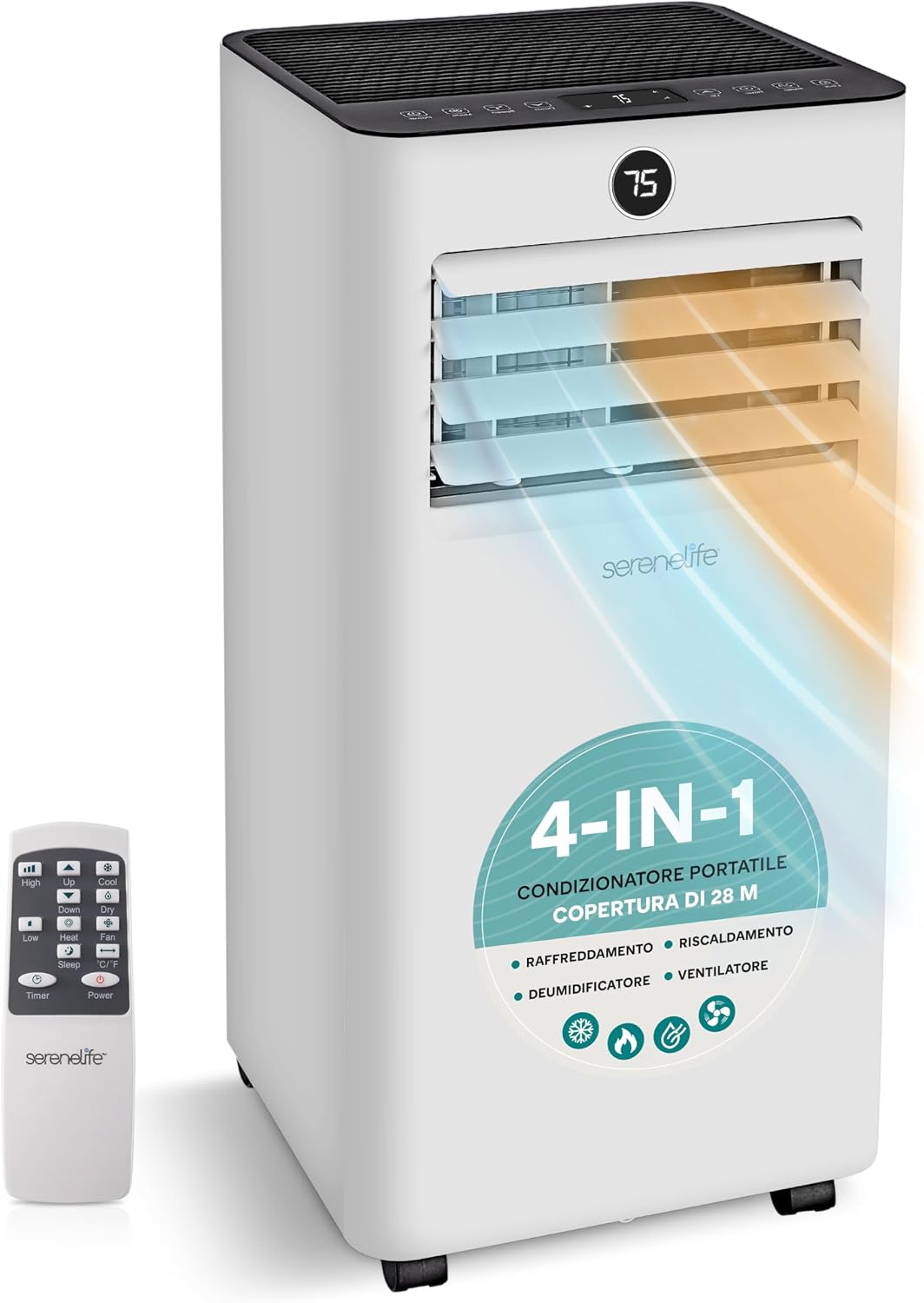 Ar condicionado portátil, SereneLife, Tragbares, 2,05 kW, 1,9 kW, 2050 W, 1900 W, com comando à distância, com temporizador, com rodas, Branco / Preto