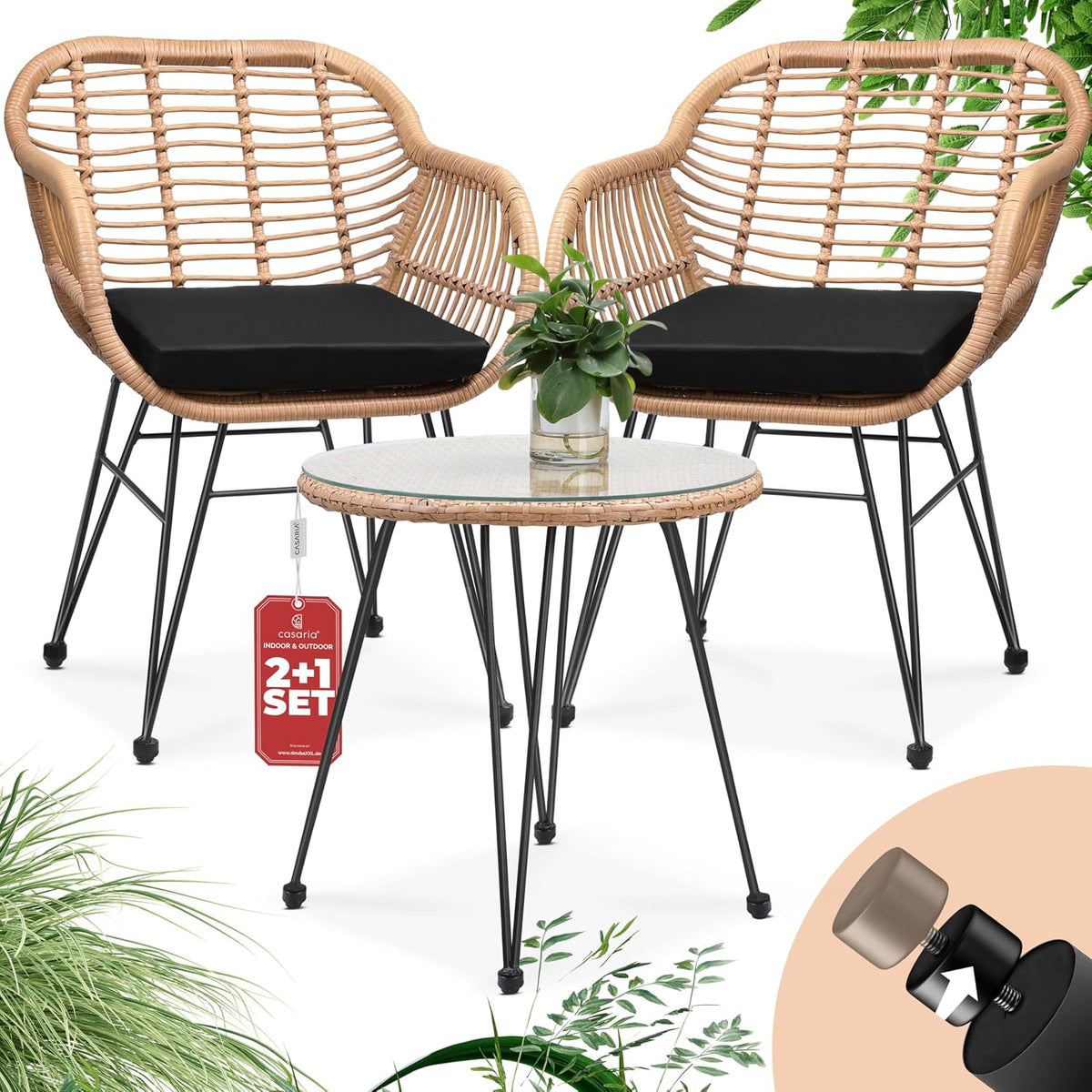 Conjunto de mobiliário de jardim, Casaria, Balkonset, 5cm, 43cm, altura regulável, regulável, aço, ratã, Bege / Preto, para utilização no exterior