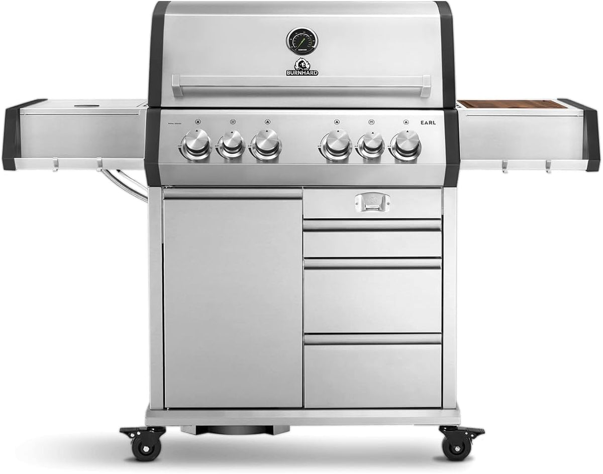 Grelhador a gás, BURNHARD, Gasgrill, 11 kg, 6 l, dobrável, com rodas, aço inoxidável, aço, Prateado / Preto, para utilização no exterior