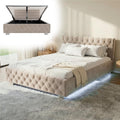 Cama, Juskys, Polsterbett, 140 × 200 cm, 250 kg, com iluminação LED, madeira, veludo, Bege, para o quarto