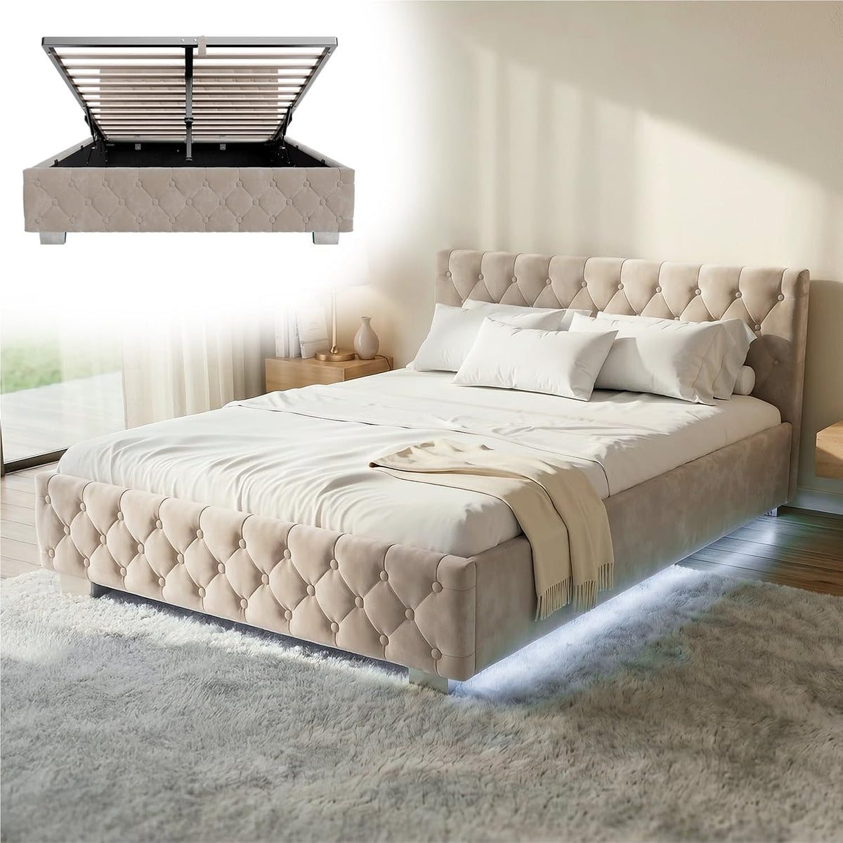 Cama, Juskys, Polsterbett, 140 × 200 cm, 250 kg, com iluminação LED, madeira, veludo, Bege, para o quarto
