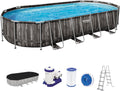 Piscina com estrutura metálica, Bestway, Steel, 122 cm, 732 × 366 × 122 cm, 9.463 l/h, 25,4 cm, 14,2 × 25,4 cm, aço, madeira, Cinzento / Azul