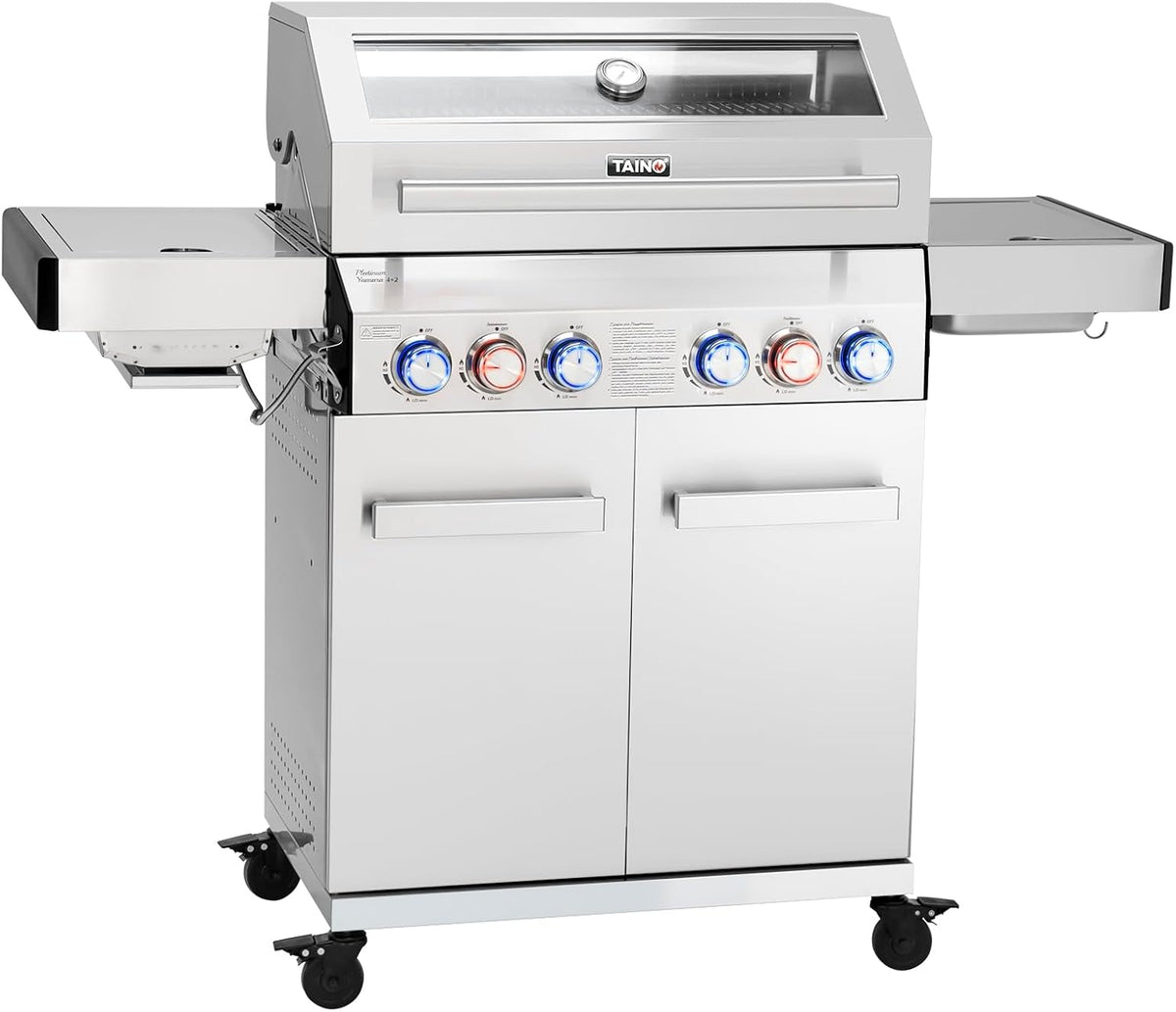 Grelhador a gás, TAINO, PLATINUM, 11kg, 140 × 55 × 117cm, com rodas, aço inoxidável, aço, Prateado, para utilização no exterior