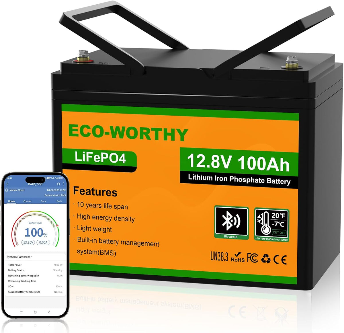 Bateria automóvel, ECO-WORTHY, LiFePO4, 100Ah, 12V, Preto / Laranja / Verde, para uso diário